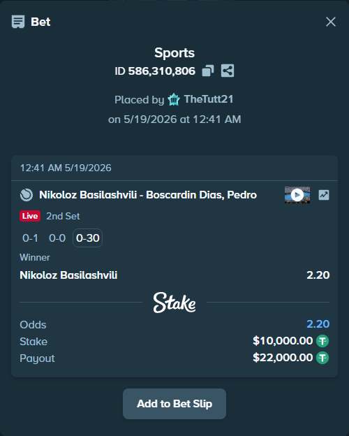 Bet slip: Nikoloz Basilashvili - Boscardin Dias, Pedro, $10,000.00 stake at 2.20 odds, placed by TheTutt21