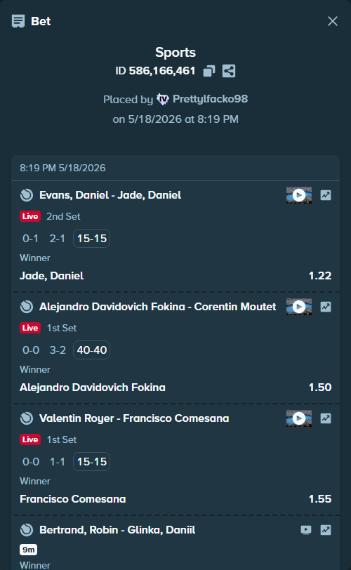 Bet slip: Nikoloz Basilashvili - Boscardin Dias, Pedro, $15,295.48 stake at 1.20 odds, placed by Prettylfacko98