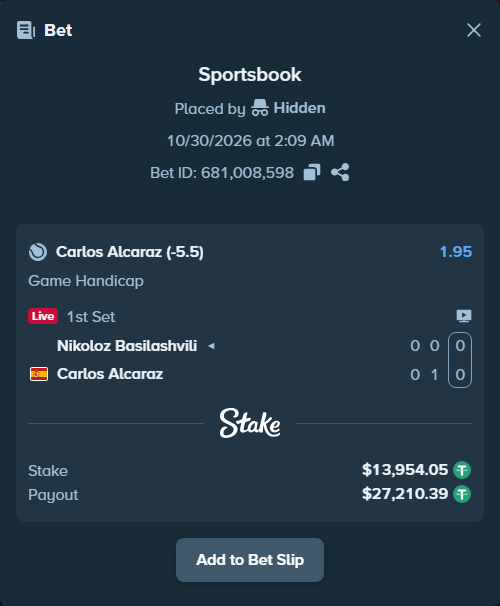 Bet slip: Nikoloz Basilashvili - Carlos Alcaraz, $13,968.00 stake at 1.95 odds, placed by Hidden