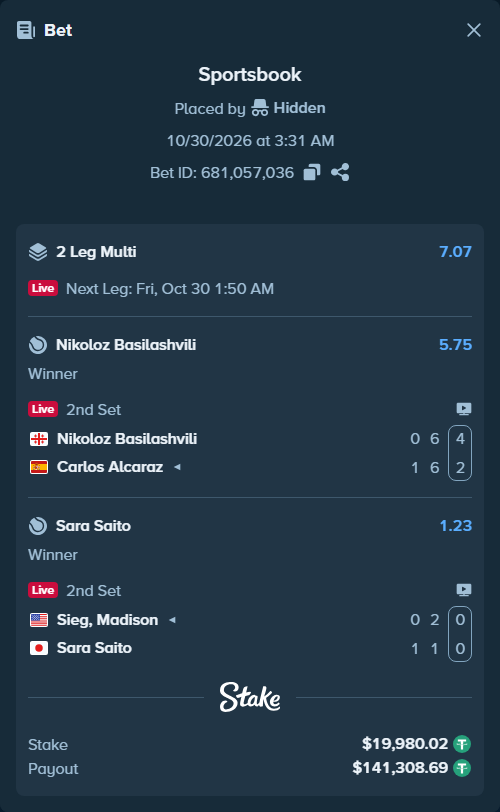 Bet slip: Nikoloz Basilashvili - Carlos Alcaraz, $20,000.00 stake at 5.75 odds, placed by Hidden