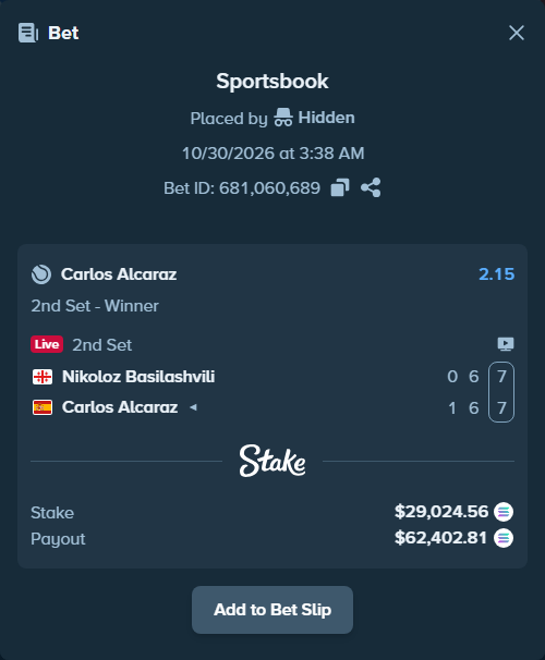 Bet slip: Nikoloz Basilashvili - Carlos Alcaraz, $28,607.51 stake at 2.15 odds, placed by Prettylfacko98
