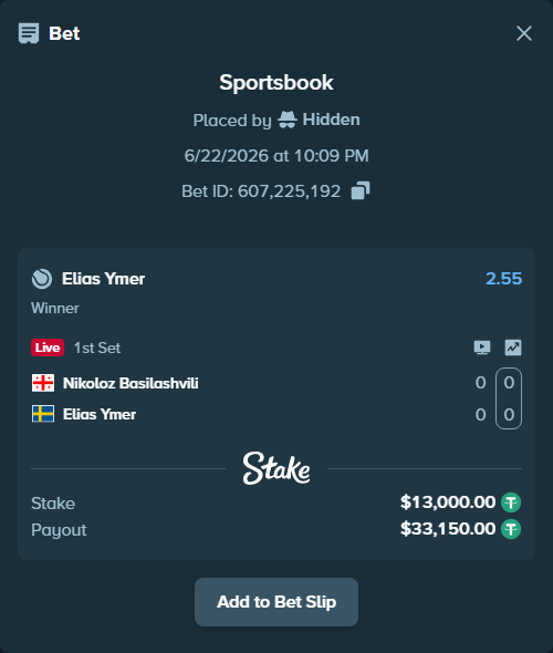 Bet slip: Nikoloz Basilashvili - Elias Ymer, $13,013.00 stake at 2.55 odds, placed by Hidden