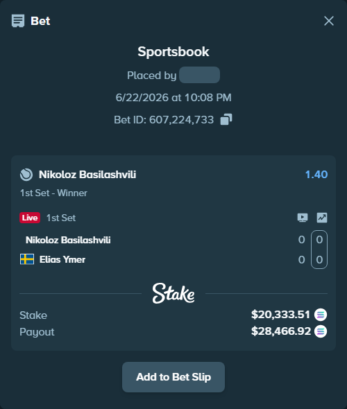 Bet slip: Nikoloz Basilashvili - Elias Ymer, $20,330.97 stake at 1.40 odds, placed by Pastrrr