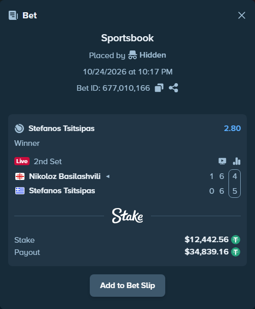 Bet slip: Nikoloz Basilashvili - Stefanos Tsitsipas, $12,455.00 stake at 2.80 odds, placed by Hidden