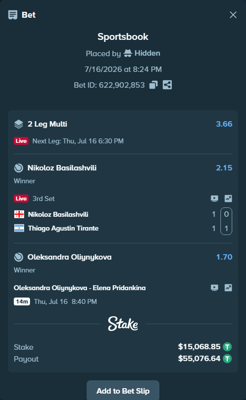 Bet slip: Nikoloz Basilashvili - Thiago Agustin Tirante, $15,083.92 stake at 2.15 odds, placed by Hidden