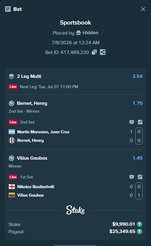 Bet slip: Nikoloz Basilashvili - Vilius Gaubas, $10,000.00 stake at 1.45 odds, placed by Hidden