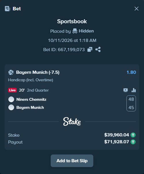 Bet slip: Niners Chemnitz - Bayern Munich, $40,000.00 stake at 1.80 odds, placed by Hidden