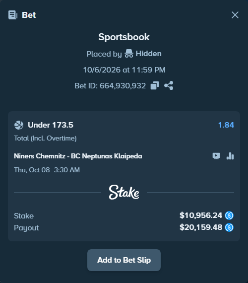 Bet slip: Niners Chemnitz - BC Neptunas Klaipeda, $10,956.24 stake at 1.84 odds, placed by Hidden