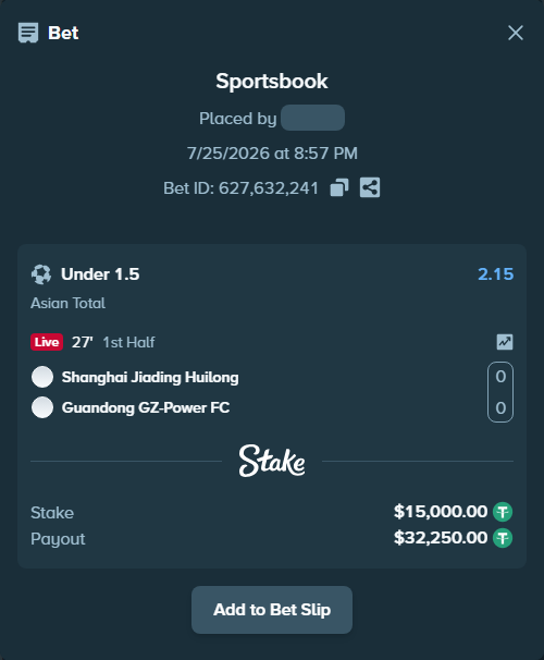 Bet slip: Ningbo Professional FC - Guandong GZ-Power FC, $15,015.00 stake at 2.15 odds, placed by AsTraL11