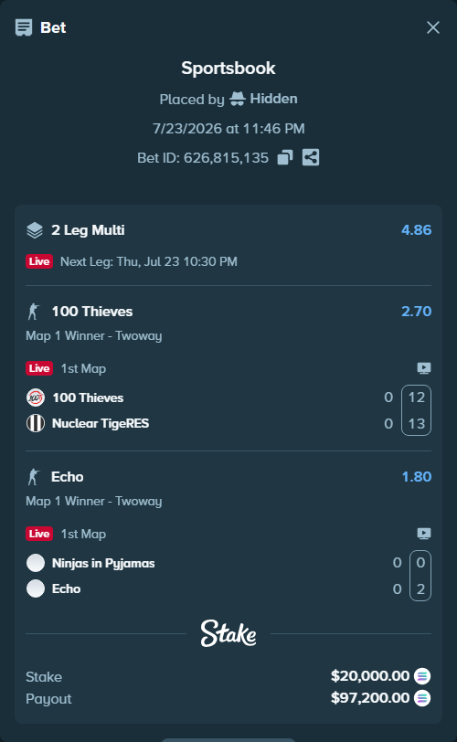 Bet slip: Ninjas in Pyjamas - Echo, $18,952.34 stake at 1.80 odds, placed by Hidden