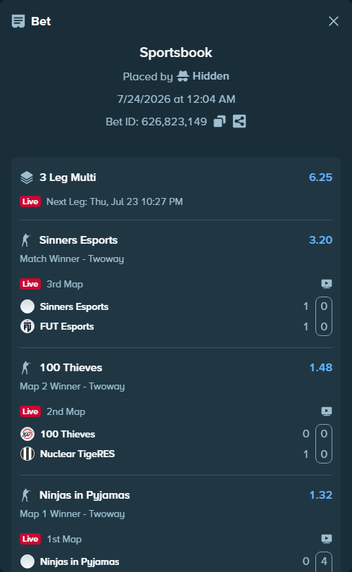 Bet slip: Ninjas in Pyjamas - Echo, $28,428.50 stake at 1.32 odds, placed by Hidden