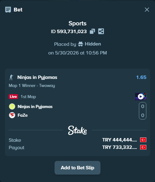 Bet slip: Ninjas in Pyjamas - FaZe, $13,333.32 stake at 1.65 odds, placed by Hidden