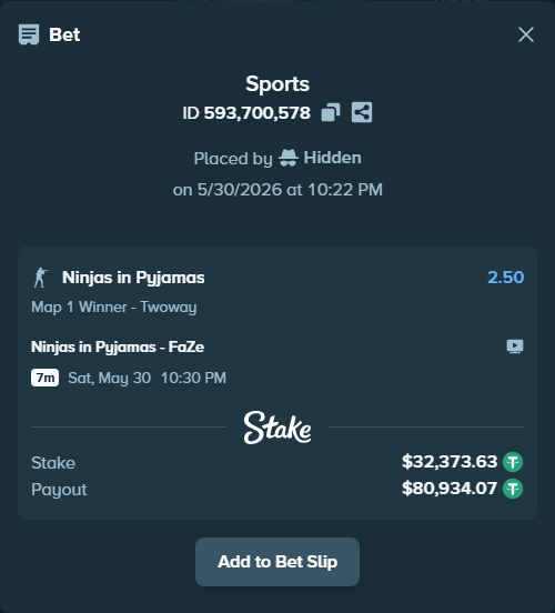 Bet slip: Ninjas in Pyjamas - FaZe, $32,406.00 stake at 2.50 odds, placed by Hidden