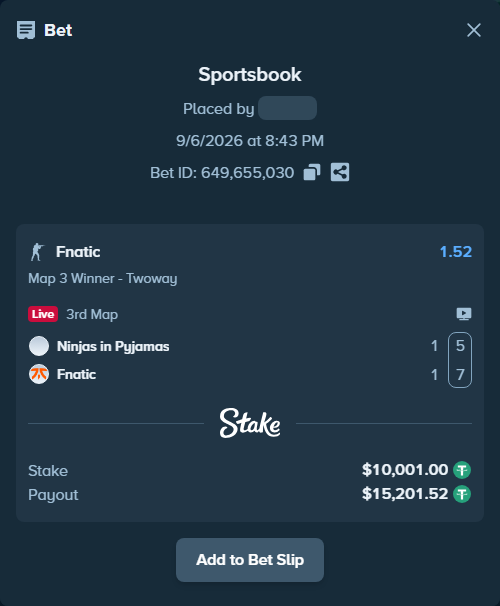 Bet slip: Ninjas in Pyjamas - Fnatic, $10,000.00 stake at 1.52 odds, placed by saszakoncza