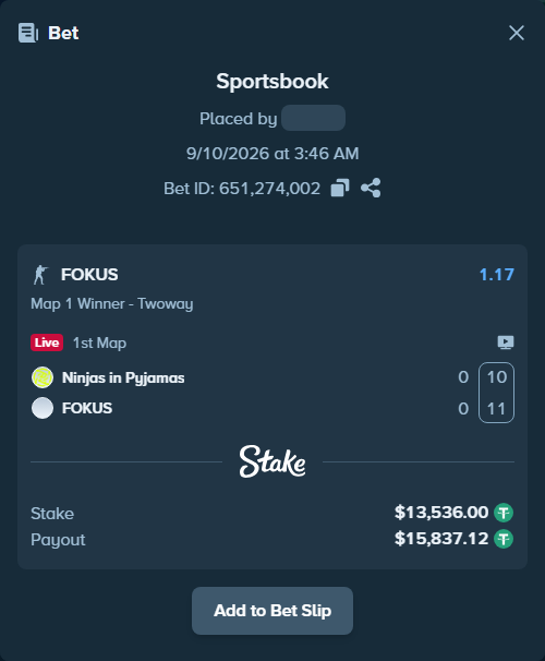 Bet slip: Ninjas in Pyjamas - FOKUS, $13,536.00 stake at 1.17 odds, placed by saszakoncza