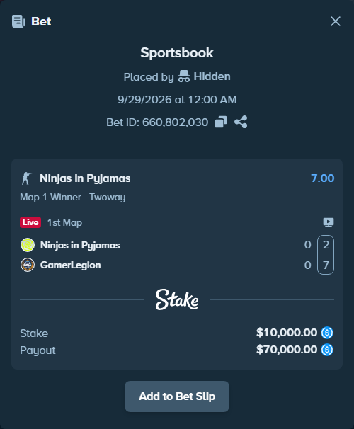 Bet slip: Ninjas in Pyjamas - GamerLegion, $10,000.00 stake at 7.00 odds, placed by Hidden