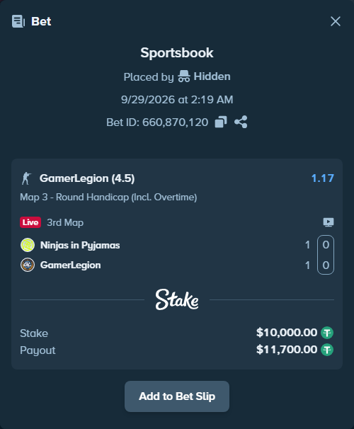 Bet slip: Ninjas in Pyjamas - GamerLegion, $10,000.00 stake at 1.17 odds, placed by Hidden