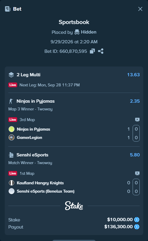 Bet slip: Ninjas in Pyjamas - GamerLegion, $10,000.00 stake at 2.35 odds, placed by Hidden