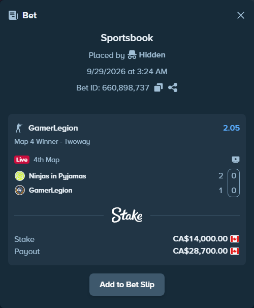 Bet slip: Ninjas in Pyjamas - GamerLegion, $10,360.00 stake at 2.05 odds, placed by Hidden