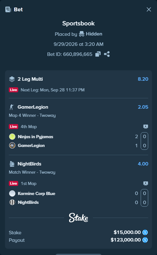 Bet slip: Ninjas in Pyjamas - GamerLegion, $15,000.00 stake at 2.05 odds, placed by Hidden