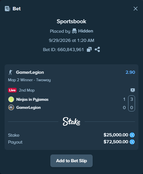 Bet slip: Ninjas in Pyjamas - GamerLegion, $25,000.00 stake at 2.90 odds, placed by Hidden