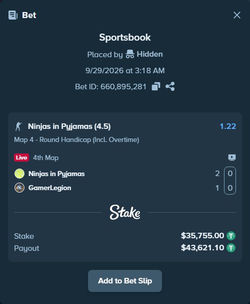 Bet slip: Ninjas in Pyjamas - GamerLegion, $35,755.00 stake at 1.22 odds, placed by Hidden