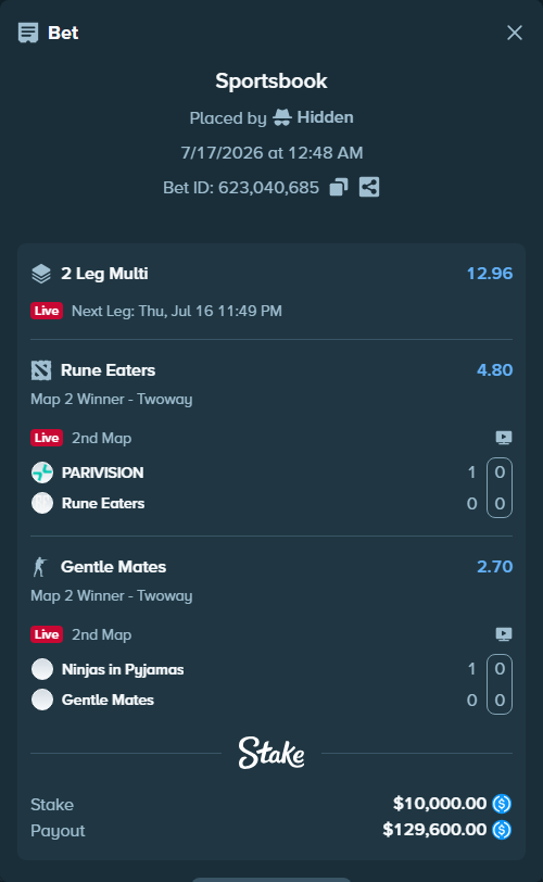 Bet slip: Ninjas in Pyjamas - Gentle Mates, $10,000.00 stake at 2.70 odds, placed by Hidden