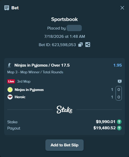 Bet slip: Ninjas in Pyjamas - Heroic, $10,000.00 stake at 1.95 odds, placed by oxorona
