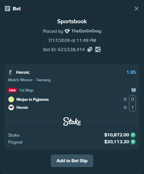Bet slip: Ninjas in Pyjamas - Heroic, $10,882.87 stake at 1.85 odds, placed by TheEarlinGrey