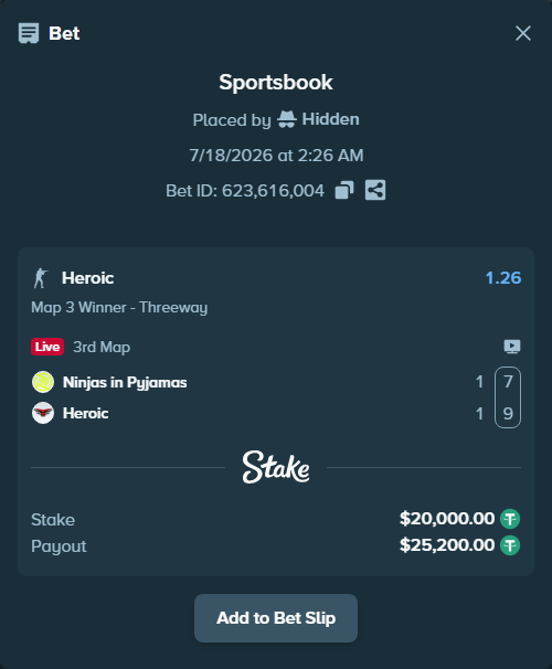 Bet slip: Ninjas in Pyjamas - Heroic, $20,020.00 stake at 1.26 odds, placed by Hidden