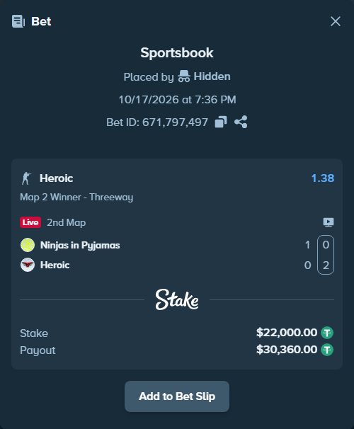 Bet slip: Ninjas in Pyjamas - Heroic, $22,022.00 stake at 1.38 odds, placed by Hidden