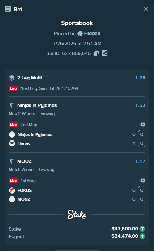 Bet slip: Ninjas in Pyjamas - Heroic, $47,500.00 stake at 1.52 odds, placed by Hidden