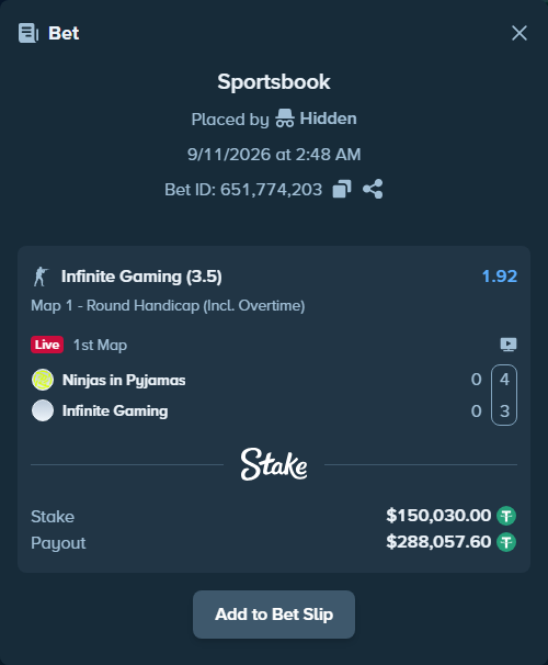 Bet slip: Ninjas in Pyjamas - Infinite Gaming, $150,000.00 stake at 1.92 odds, placed by Hidden