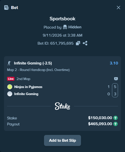 Bet slip: Ninjas in Pyjamas - Infinite Gaming, $150,000.00 stake at 3.10 odds, placed by Hidden