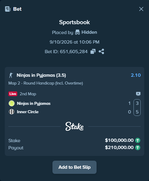 Bet slip: Ninjas in Pyjamas - Inner Circle, $100,000.00 stake at 2.10 odds, placed by Hidden