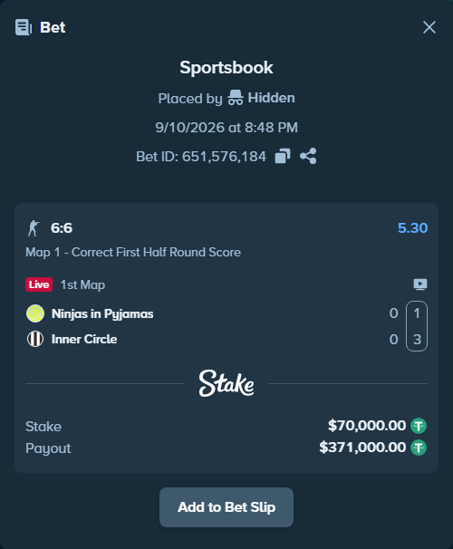 Bet slip: Ninjas in Pyjamas - Inner Circle, $70,000.00 stake at 5.30 odds, placed by Hidden