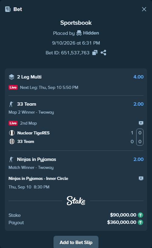 Bet slip: Ninjas in Pyjamas - Inner Circle, $90,000.00 stake at 2.00 odds, placed by Hidden