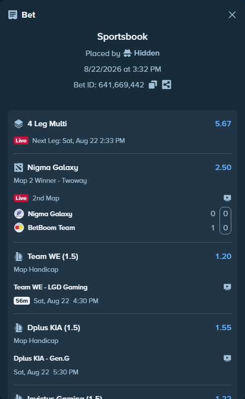 Bet slip: Ninjas in Pyjamas - Invictus Gaming, $100,226.57 stake at 1.22 odds, placed by Hidden