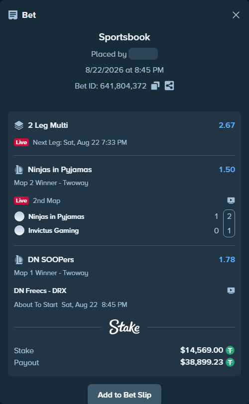 Bet slip: Ninjas in Pyjamas - Invictus Gaming, $14,569.00 stake at 1.50 odds, placed by fantasy7788