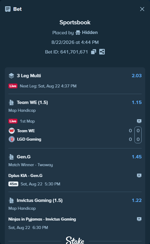 Bet slip: Ninjas in Pyjamas - Invictus Gaming, $150,000.00 stake at 1.22 odds, placed by Hidden