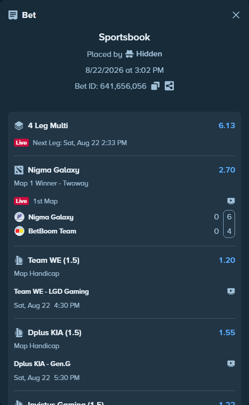 Bet slip: Ninjas in Pyjamas - Invictus Gaming, $75,522.12 stake at 1.22 odds, placed by Hidden