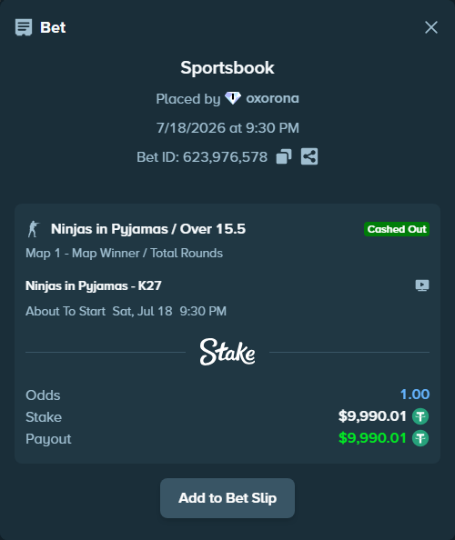 Bet slip: Ninjas in Pyjamas - K27, $10,000.00 stake at 2.10 odds, placed by oxorona