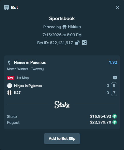 Bet slip: Ninjas in Pyjamas - K27, $16,971.27 stake at 1.32 odds, placed by Hidden
