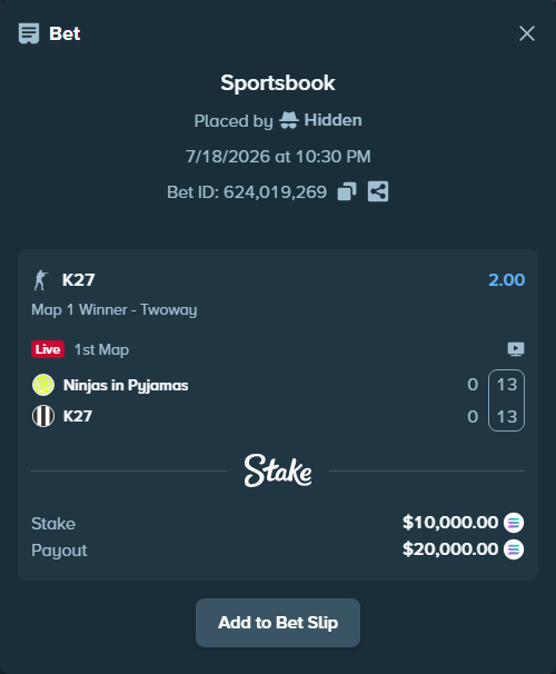 Bet slip: Ninjas in Pyjamas - K27, $9,694.18 stake at 2.00 odds, placed by Hidden