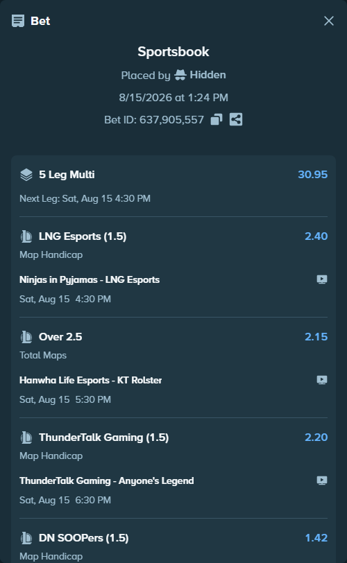 Bet slip: Ninjas in Pyjamas - LNG Esports, $20,000.00 stake at 2.40 odds, placed by Hidden