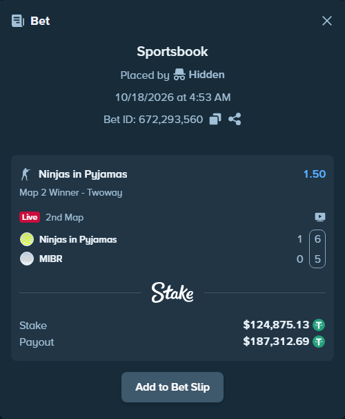 Bet slip: Ninjas in Pyjamas - MIBR, $125,000.00 stake at 1.50 odds, placed by Mnt41