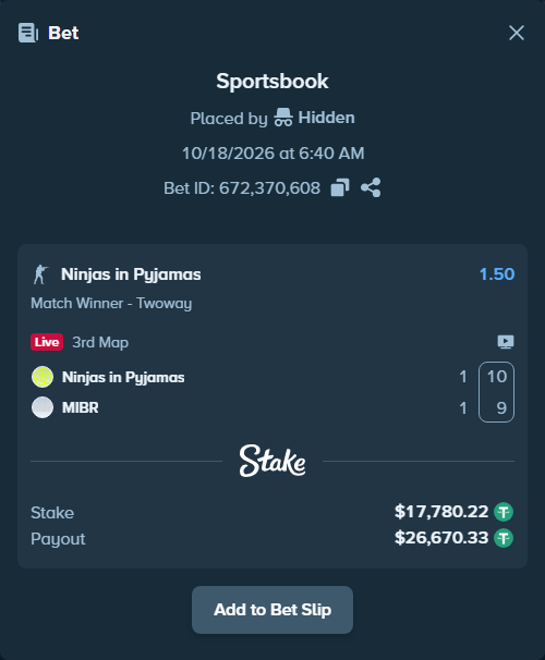 Bet slip: Ninjas in Pyjamas - MIBR, $17,798.00 stake at 1.50 odds, placed by Hidden