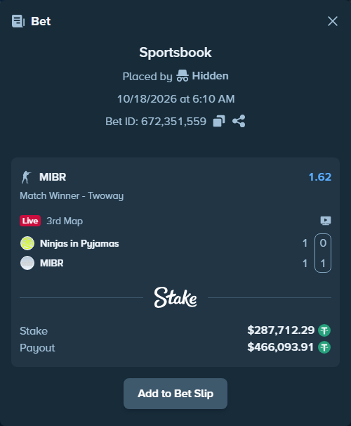 Bet slip: Ninjas in Pyjamas - MIBR, $288,000.00 stake at 1.62 odds, placed by Mnt41