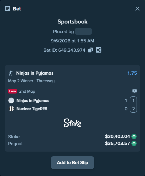 Bet slip: Ninjas in Pyjamas - Nuclear TigeRES, $20,400.00 stake at 1.75 odds, placed by saszakoncza
