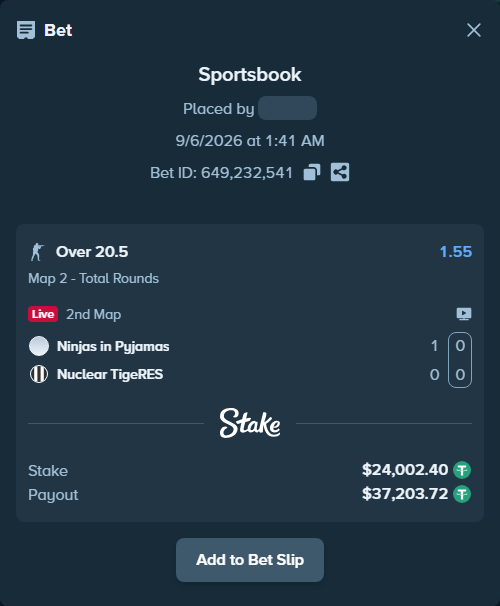 Bet slip: Ninjas in Pyjamas - Nuclear TigeRES, $24,000.00 stake at 1.55 odds, placed by saszakoncza